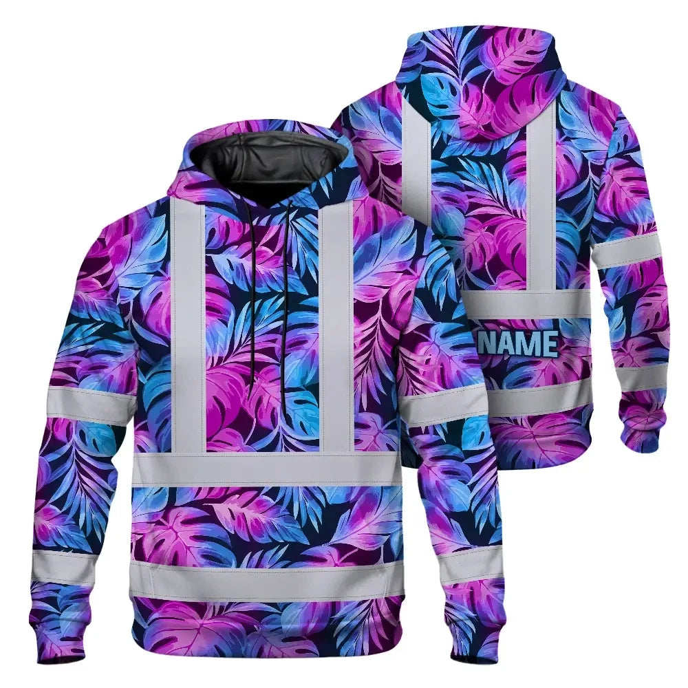 Hi Vis Hoodie Reflective Tapes Gradient Blue Violet Custom Name Safety Workwear For Workers, Truckers, Operators