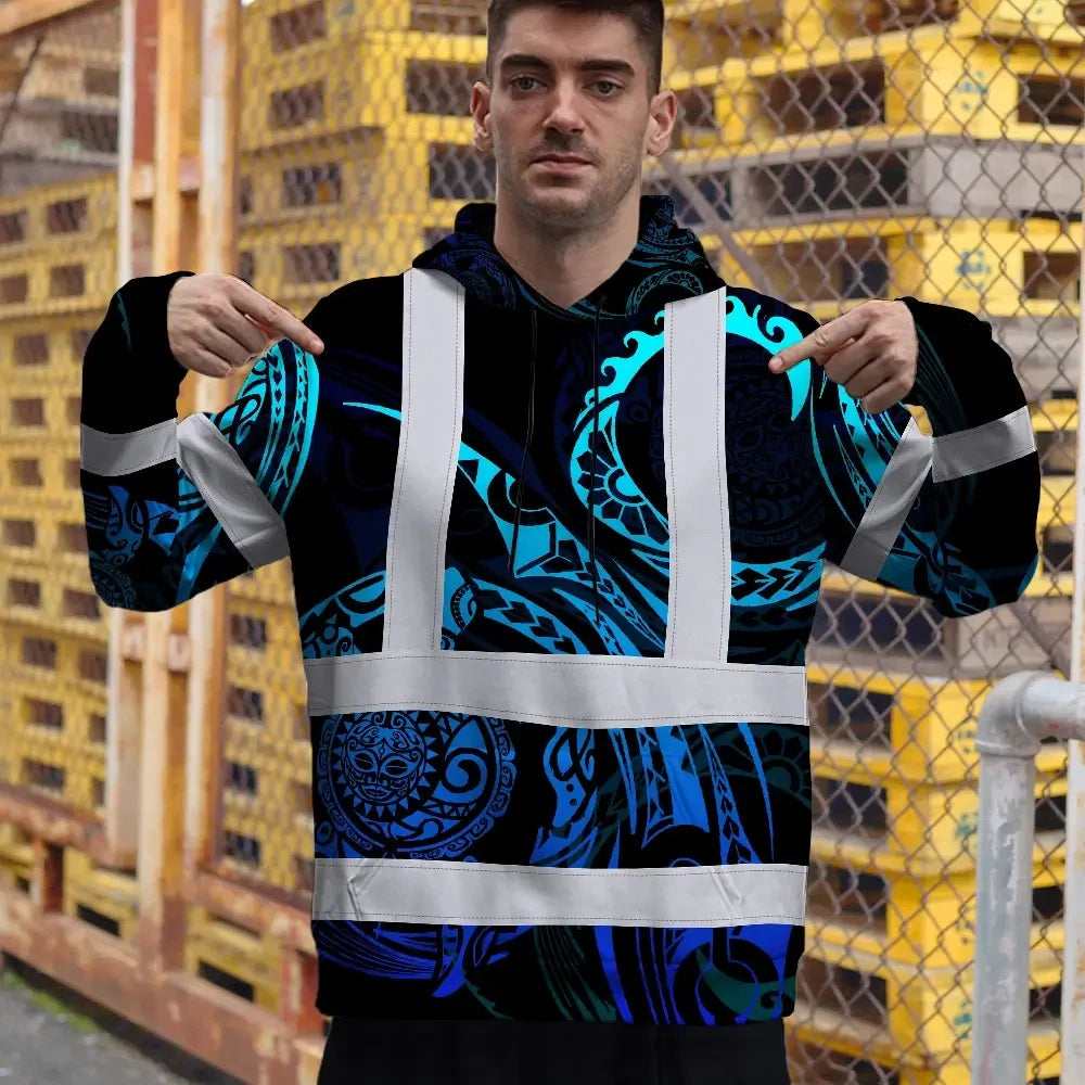 Hi Vis Hoodie Reflective Tapes Gradient Turtle Hawaiian Polynesian Tribal Custom Name Safety Workwear For Workers, Truckers, Operators