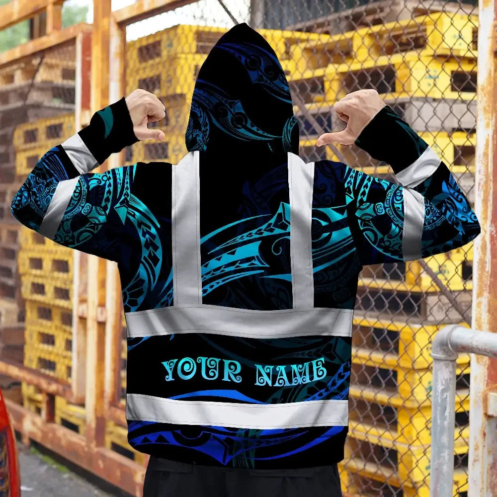 Hi Vis Hoodie Reflective Tapes Gradient Turtle Hawaiian Polynesian Tribal Custom Name Safety Workwear For Workers, Truckers, Operators