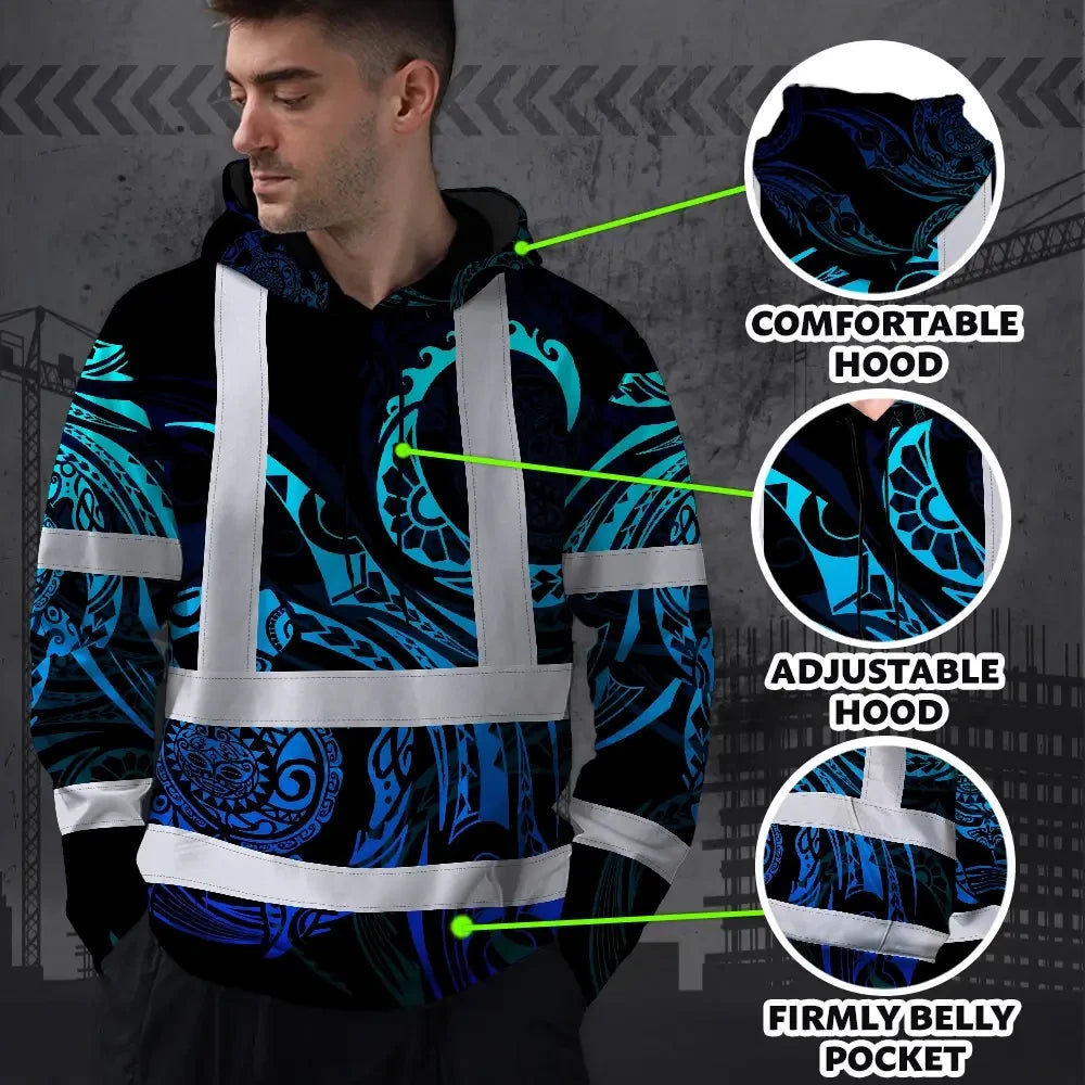 Hi Vis Hoodie Reflective Tapes Gradient Turtle Hawaiian Polynesian Tribal Custom Name Safety Workwear For Workers, Truckers, Operators