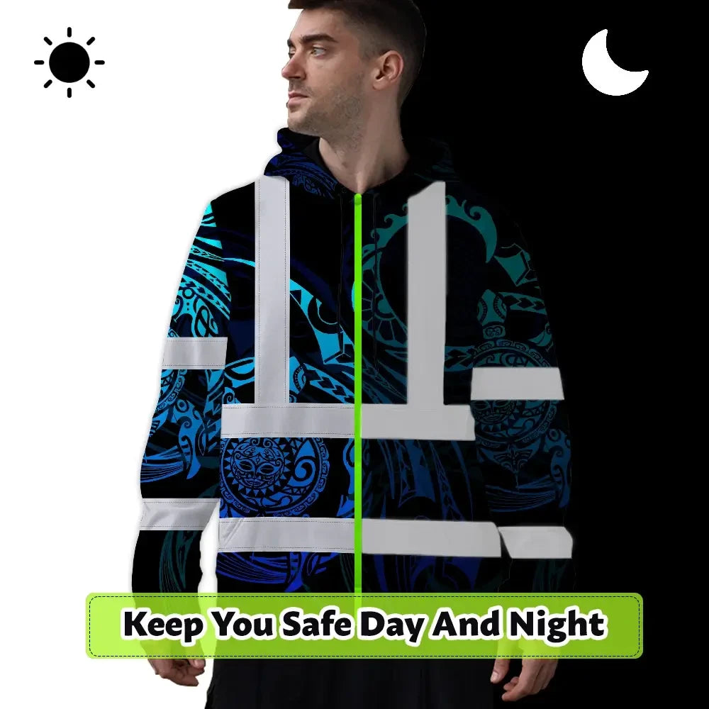 Hi Vis Hoodie Reflective Tapes Gradient Turtle Hawaiian Polynesian Tribal Custom Name Safety Workwear For Workers, Truckers, Operators