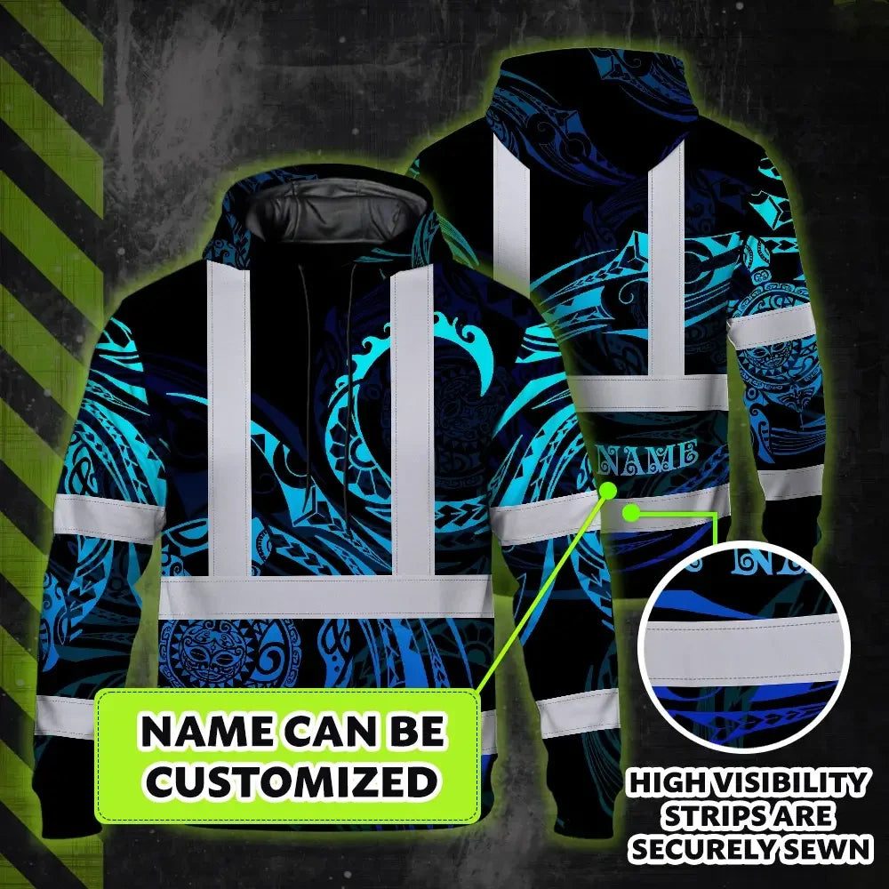 Hi Vis Hoodie Reflective Tapes Gradient Turtle Hawaiian Polynesian Tribal Custom Name Safety Workwear For Workers, Truckers, Operators