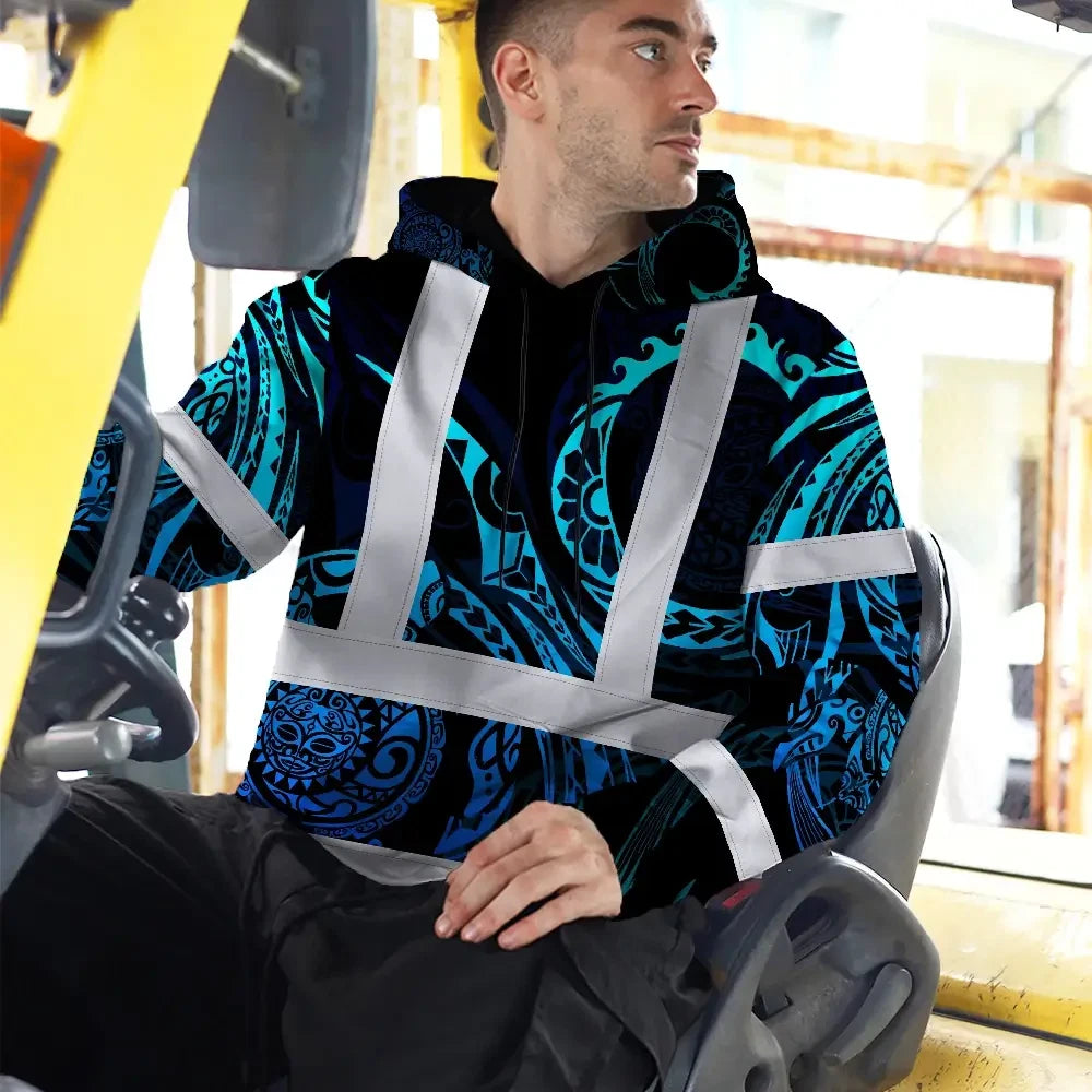 Hi Vis Hoodie Reflective Tapes Gradient Turtle Hawaiian Polynesian Tribal Custom Name Safety Workwear For Workers, Truckers, Operators