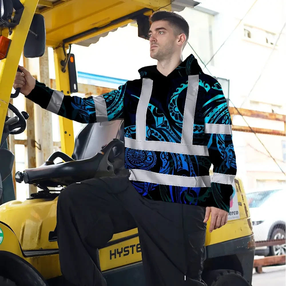 Hi Vis Hoodie Reflective Tapes Gradient Turtle Hawaiian Polynesian Tribal Custom Name Safety Workwear For Workers, Truckers, Operators
