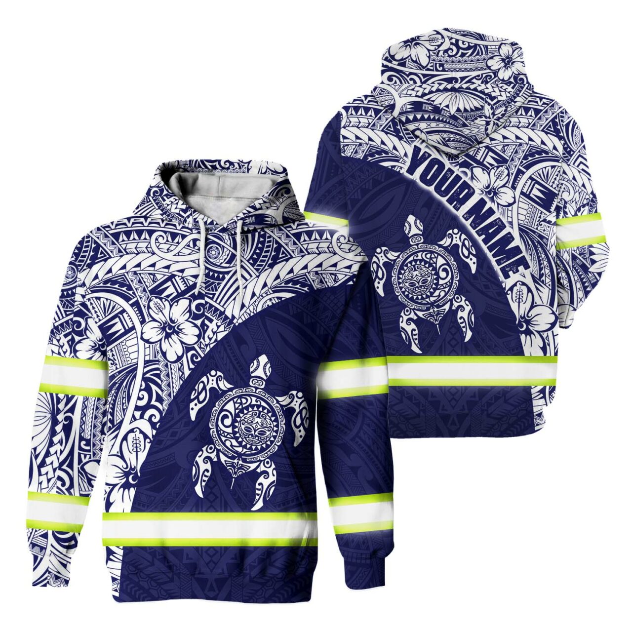 Hi Vis Hoodie Reflective Tapes Blue White Turtle Hawaiian Polynesian Tribal Custom Name Safety Workwear