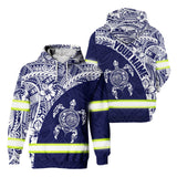 Hi Vis Hoodie Reflective Tapes Blue White Turtle Hawaiian Polynesian Tribal Custom Name Safety Workwear