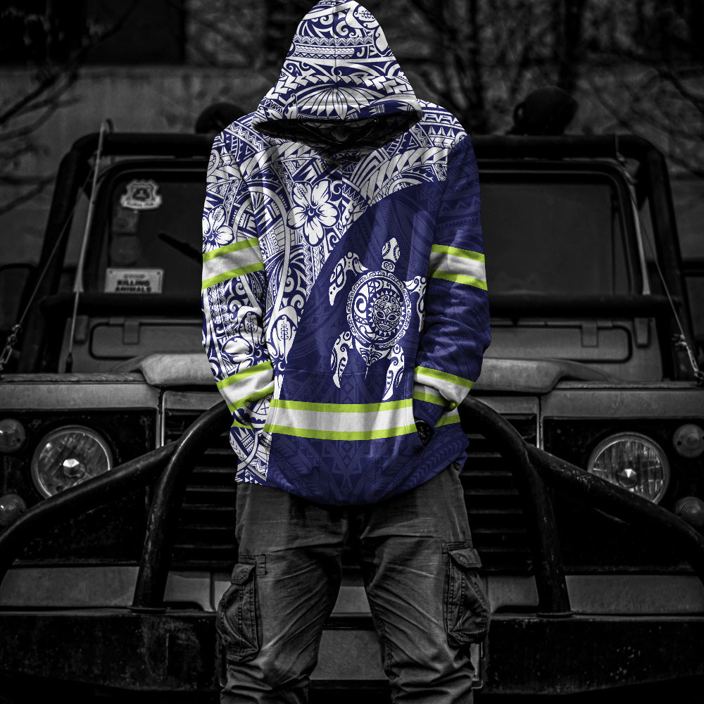 Hi Vis Hoodie Reflective Tapes Blue White Turtle Hawaiian Polynesian Tribal Custom Name Safety Workwear