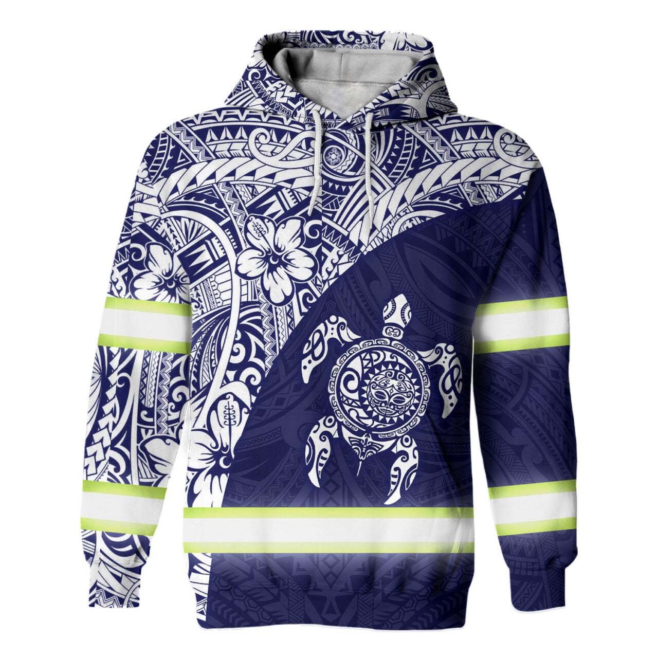 Hi Vis Hoodie Reflective Tapes Blue White Turtle Hawaiian Polynesian Tribal Custom Name Safety Workwear