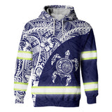 Hi Vis Hoodie Reflective Tapes Blue White Turtle Hawaiian Polynesian Tribal Custom Name Safety Workwear