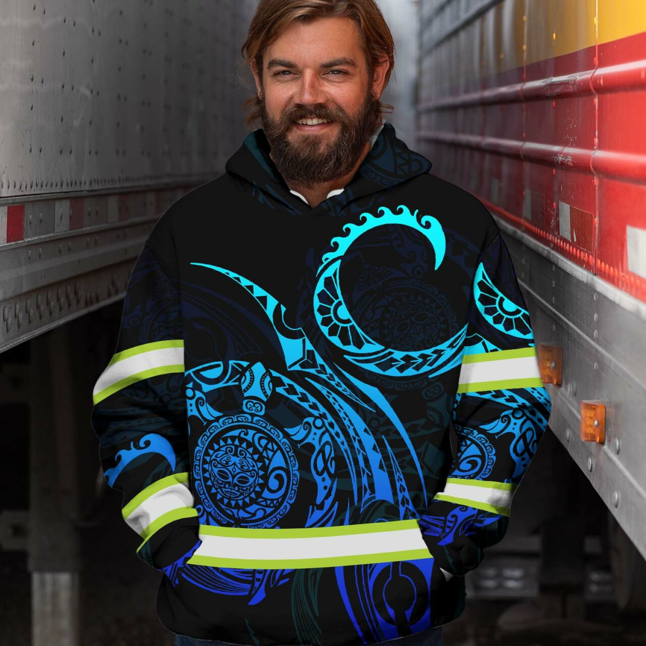 Hi Vis Hoodie Reflective Tapes Gradient Turtle Hawaiian Polynesian Tribal Custom Name Safety Workwear