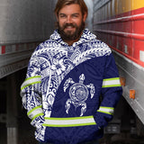 Hi Vis Hoodie Reflective Tapes Blue White Turtle Hawaiian Polynesian Tribal Custom Name Safety Workwear