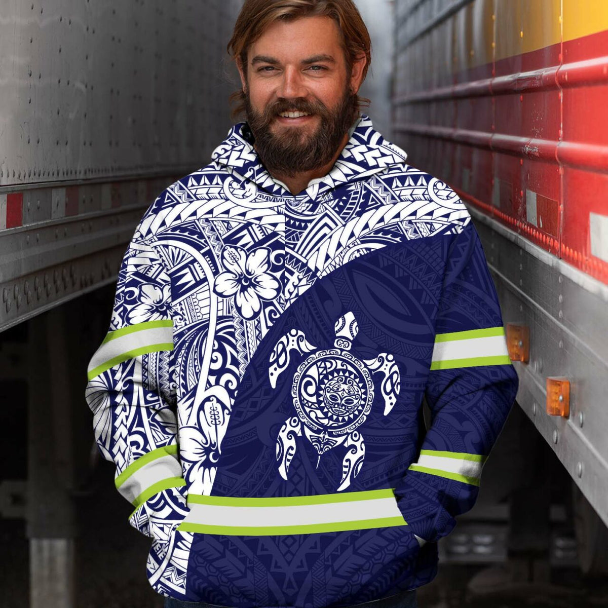 Hi Vis Hoodie Reflective Tapes Blue White Turtle Hawaiian Polynesian Tribal Custom Name Safety Workwear