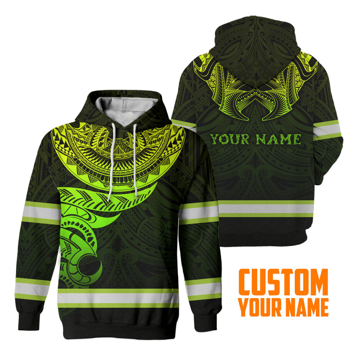 Hi Vis Hoodie Reflective Tapes Green Gradient Hawaiian Polynesian Tribal Custom Name Safety Workwear