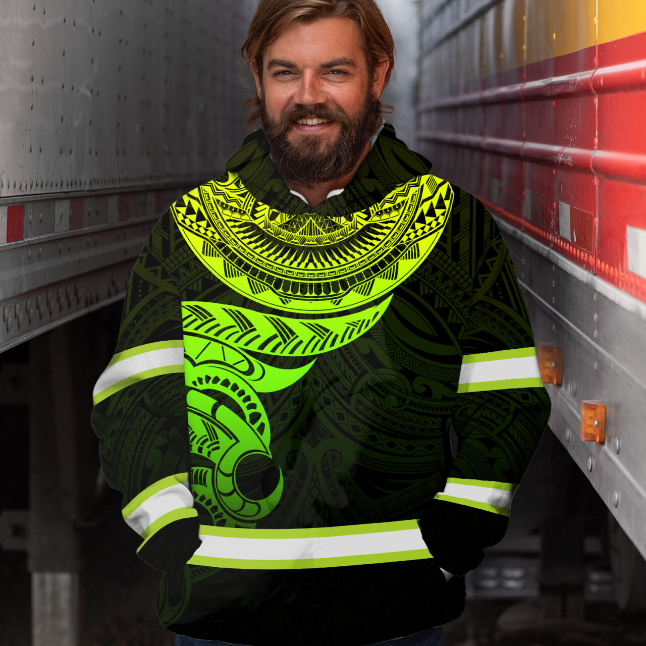Hi Vis Hoodie Reflective Tapes Green Gradient Hawaiian Polynesian Tribal Custom Name Safety Workwear