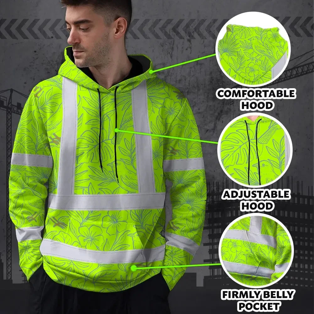 Hi Vis Hoodie Reflective Tapes Green Grey Flowers Custom Name Safety Workwear For Workers, Truckers, Operators
