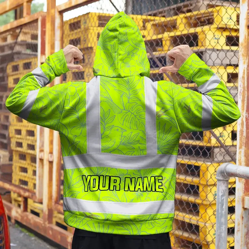 Hi Vis Hoodie Reflective Tapes Green Grey Flowers Custom Name Safety Workwear For Workers, Truckers, Operators