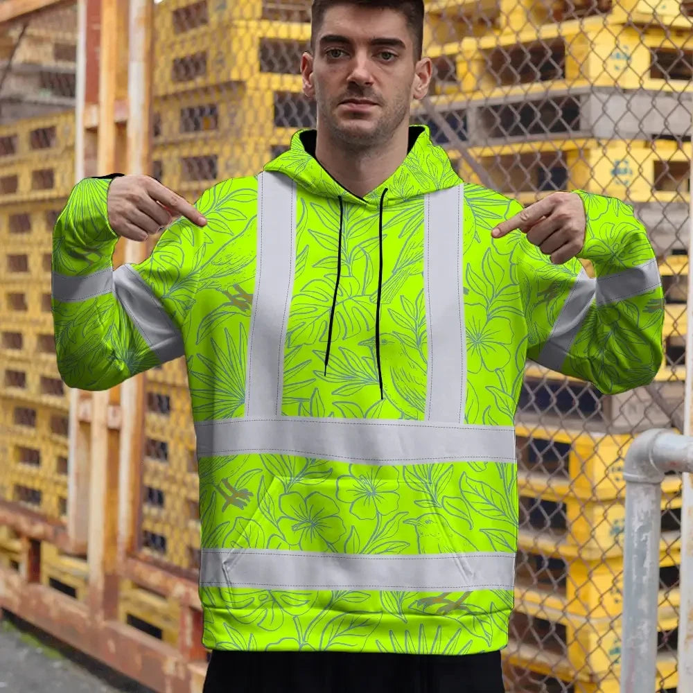 Hi Vis Hoodie Reflective Tapes Green Grey Flowers Custom Name Safety Workwear For Workers, Truckers, Operators