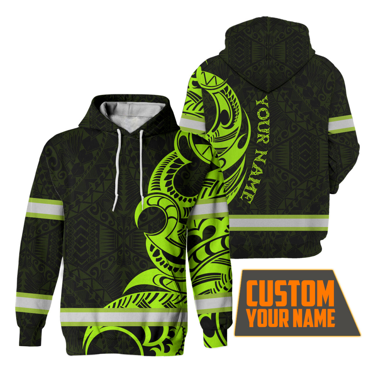 Hi Vis Hoodie Reflective Tapes Green Hawaiian Polynesian Tribal 2 Custom Name Safety Workwear