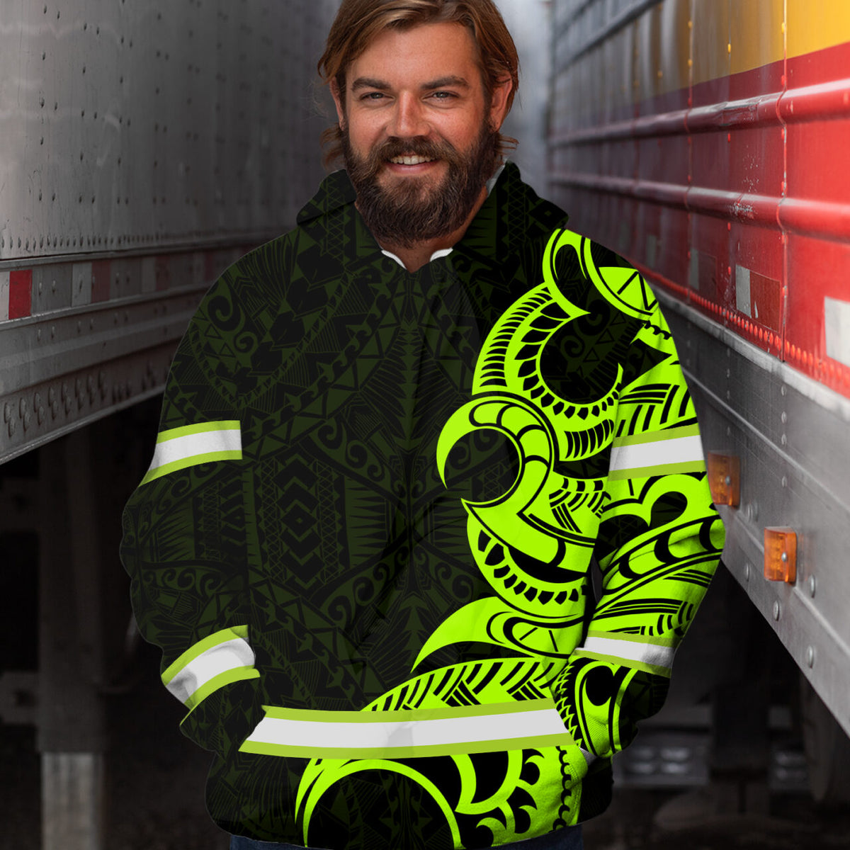 Hi Vis Hoodie Reflective Tapes Green Hawaiian Polynesian Tribal 2 Custom Name Safety Workwear