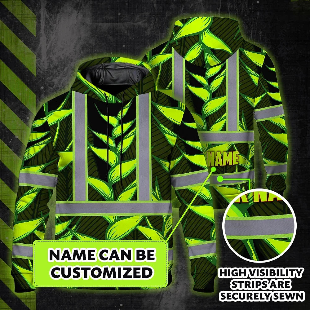 Hi Vis Hoodie Reflective Tapes Green Neon Black Heliconia Custom Name Safety Workwear For Workers, Truckers, Operators