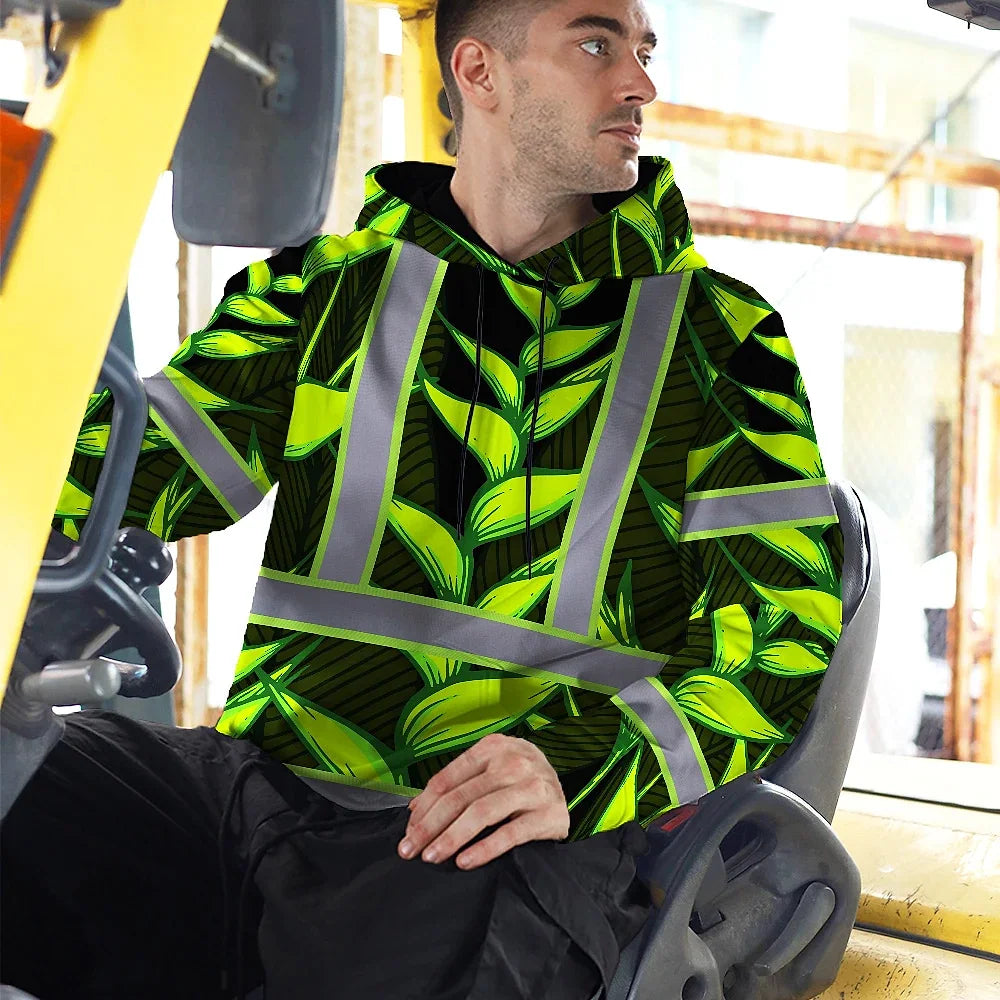 Hi Vis Hoodie Reflective Tapes Green Neon Black Heliconia Custom Name Safety Workwear For Workers, Truckers, Operators