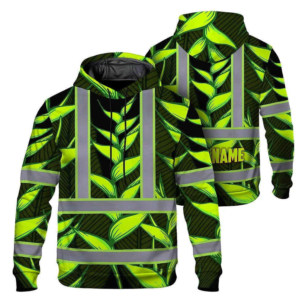 Hi Vis Hoodie Reflective Tapes Green Neon Black Heliconia Custom Name Safety Workwear For Workers, Truckers, Operators