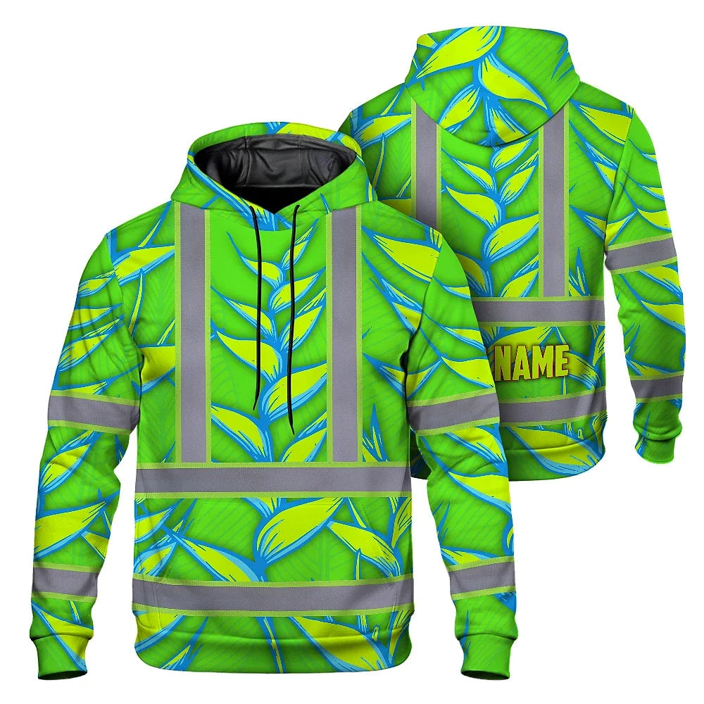 Hi Vis Hoodie Reflective Tapes Green Neon Blue Heliconia Custom Name Safety Workwear For Workers, Truckers, Operators