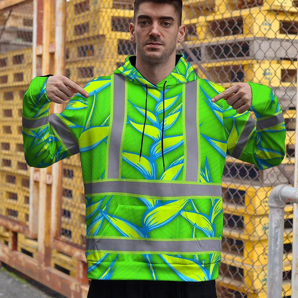 Hi Vis Hoodie Reflective Tapes Green Neon Blue Heliconia Custom Name Safety Workwear For Workers, Truckers, Operators