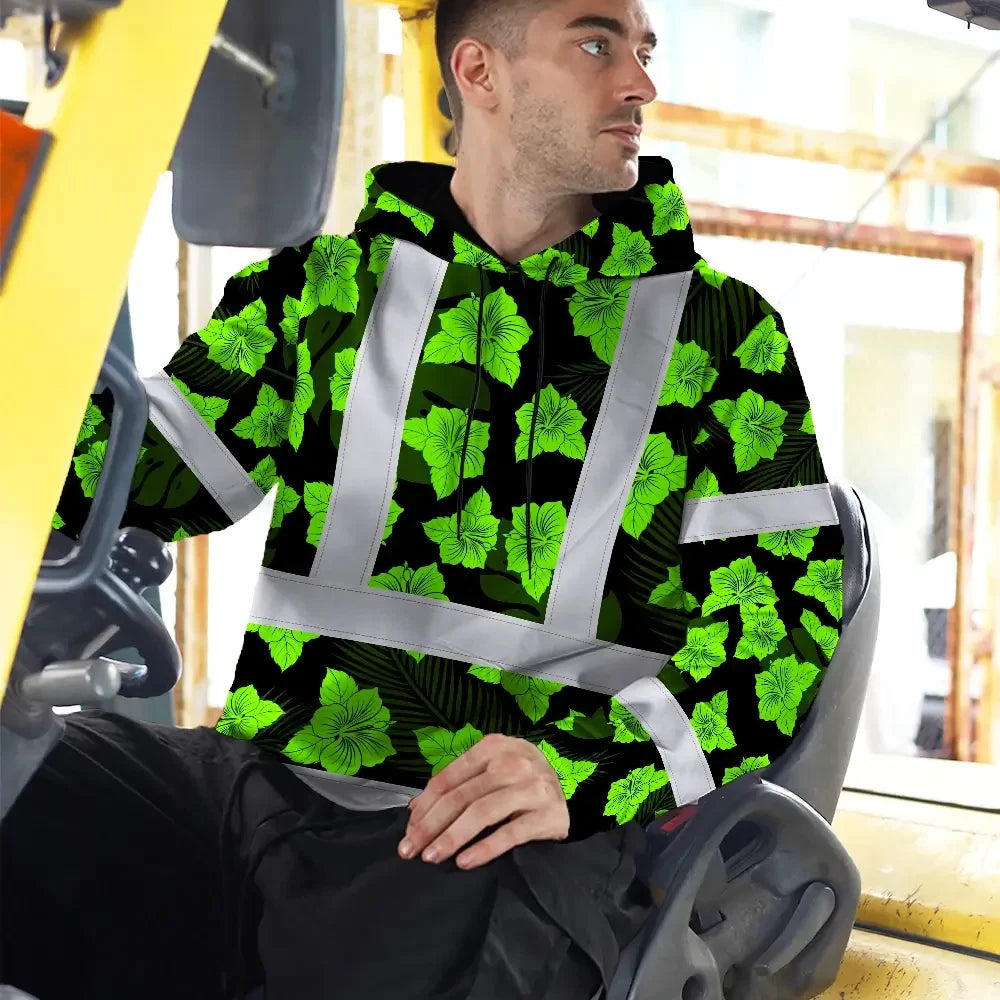 Hi Vis Hoodie Reflective Tapes Green Neon Flowers 3 Custom Name Safety Workwear For Workers, Truckers, Operators