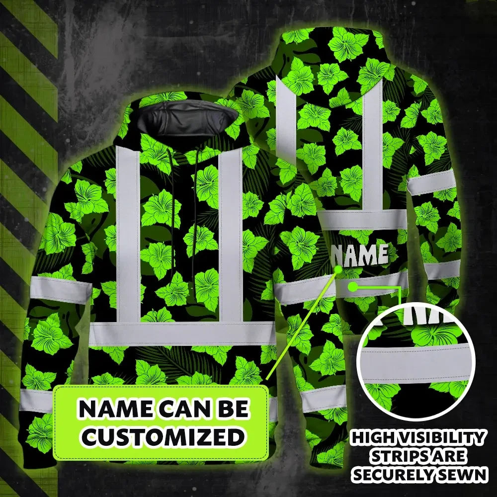 Hi Vis Hoodie Reflective Tapes Green Neon Flowers 3 Custom Name Safety Workwear For Workers, Truckers, Operators