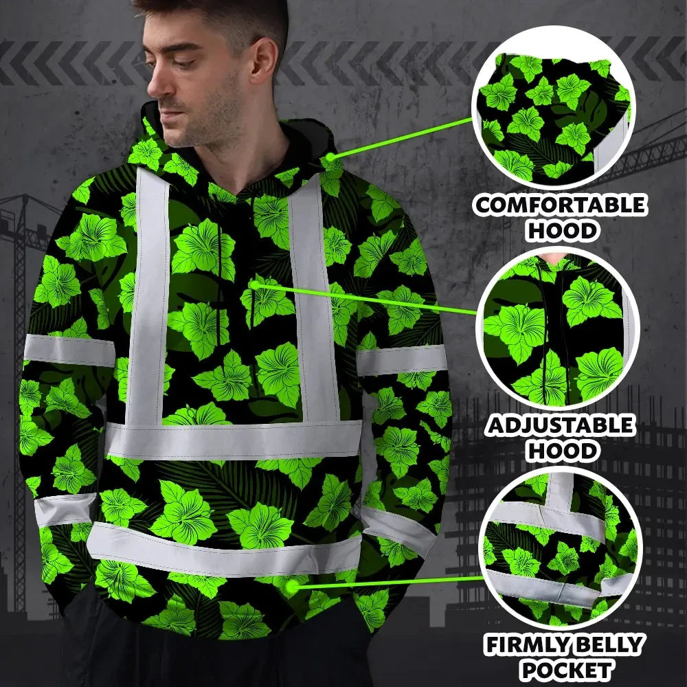 Hi Vis Hoodie Reflective Tapes Green Neon Flowers 3 Custom Name Safety Workwear For Workers, Truckers, Operators