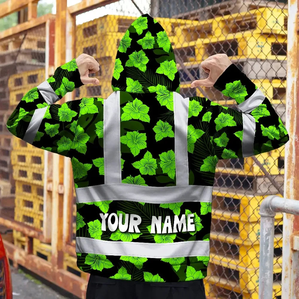 Hi Vis Hoodie Reflective Tapes Green Neon Flowers 3 Custom Name Safety Workwear For Workers, Truckers, Operators