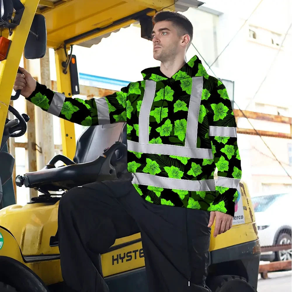 Hi Vis Hoodie Reflective Tapes Green Neon Flowers 3 Custom Name Safety Workwear For Workers, Truckers, Operators