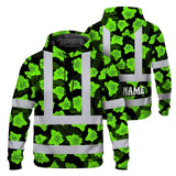 Hi Vis Hoodie Reflective Tapes Green Neon Flowers 3 Custom Name Safety Workwear For Workers, Truckers, Operators