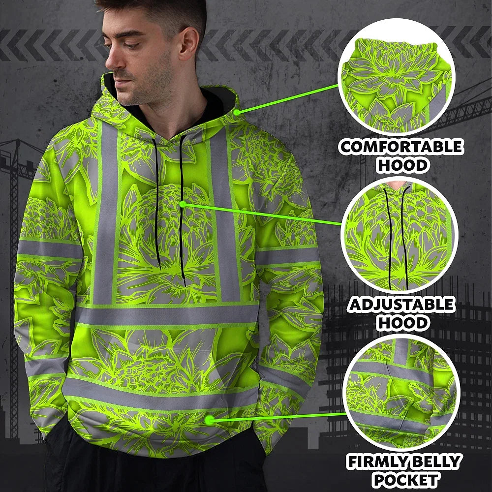 Hi Vis Hoodie Reflective Tapes Green Neon Grey Protea Custom Name Safety Workwear For Workers, Truckers, Operators
