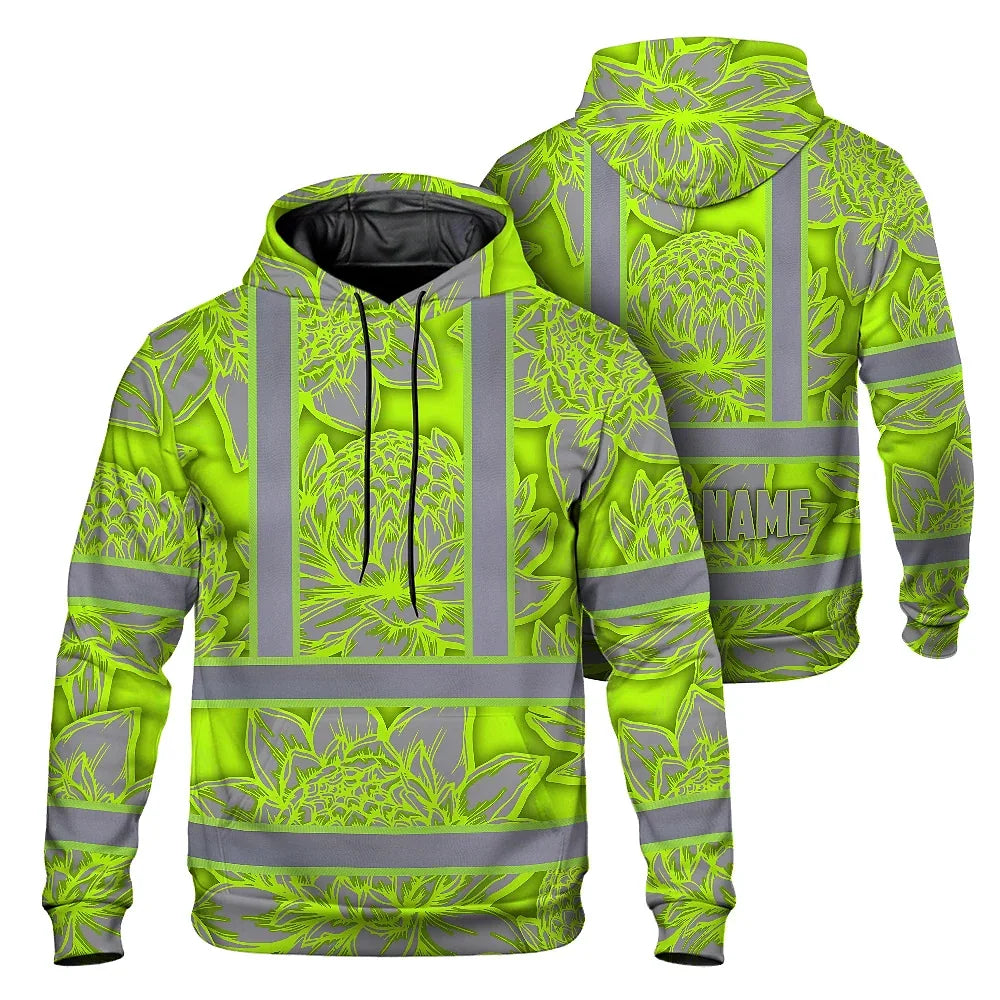 Hi Vis Hoodie Reflective Tapes Green Neon Grey Protea Custom Name Safety Workwear For Workers, Truckers, Operators