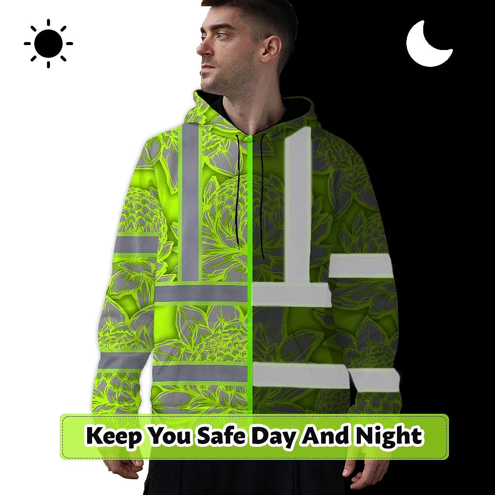 Hi Vis Hoodie Reflective Tapes Green Neon Grey Protea Custom Name Safety Workwear For Workers, Truckers, Operators