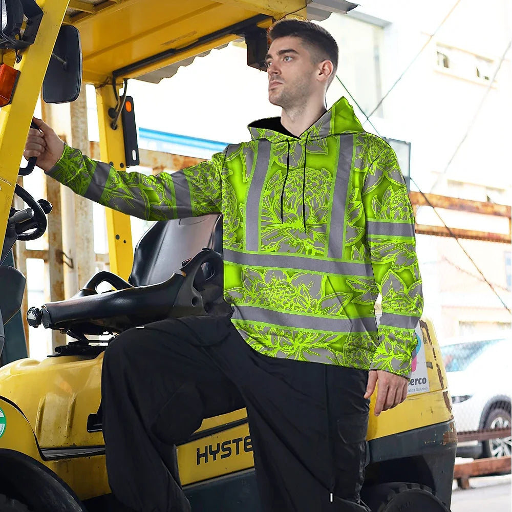Hi Vis Hoodie Reflective Tapes Green Neon Grey Protea Custom Name Safety Workwear For Workers, Truckers, Operators
