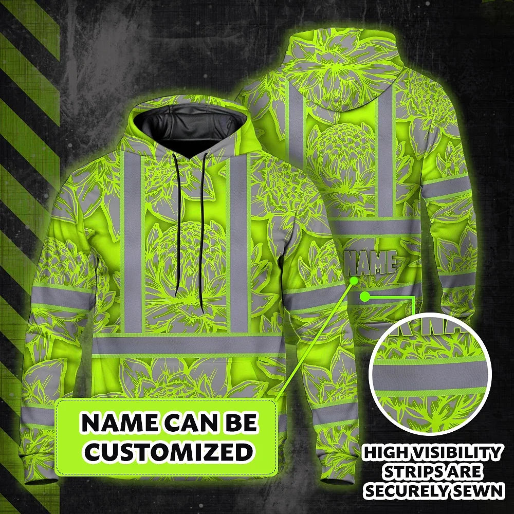 Hi Vis Hoodie Reflective Tapes Green Neon Grey Protea Custom Name Safety Workwear For Workers, Truckers, Operators