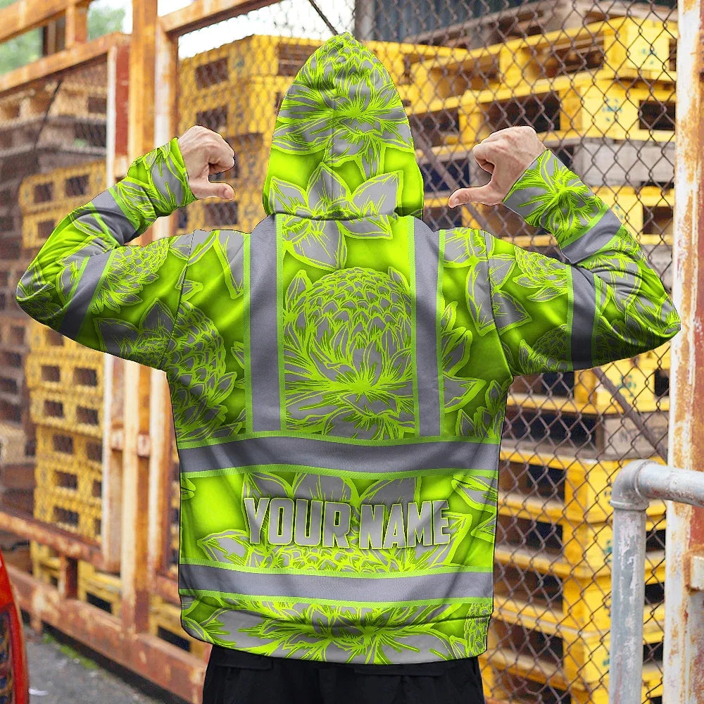 Hi Vis Hoodie Reflective Tapes Green Neon Grey Protea Custom Name Safety Workwear For Workers, Truckers, Operators