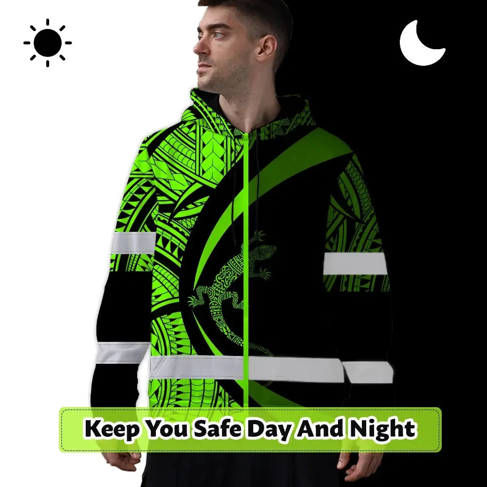 Hi Vis Hoodie Reflective Tapes Green Neon Hawaii Custom Name Safety Workwear For Workers, Truckers, Operators