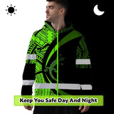 Hi Vis Hoodie Reflective Tapes Green Neon Hawaii Custom Name Safety Workwear For Workers, Truckers, Operators