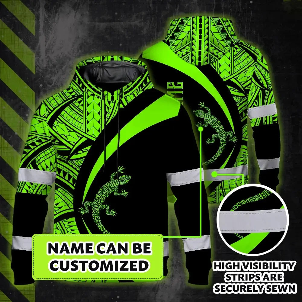Hi Vis Hoodie Reflective Tapes Green Neon Hawaii Custom Name Safety Workwear For Workers, Truckers, Operators