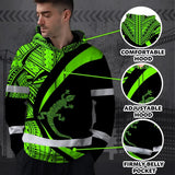 Hi Vis Hoodie Reflective Tapes Green Neon Hawaii Custom Name Safety Workwear For Workers, Truckers, Operators