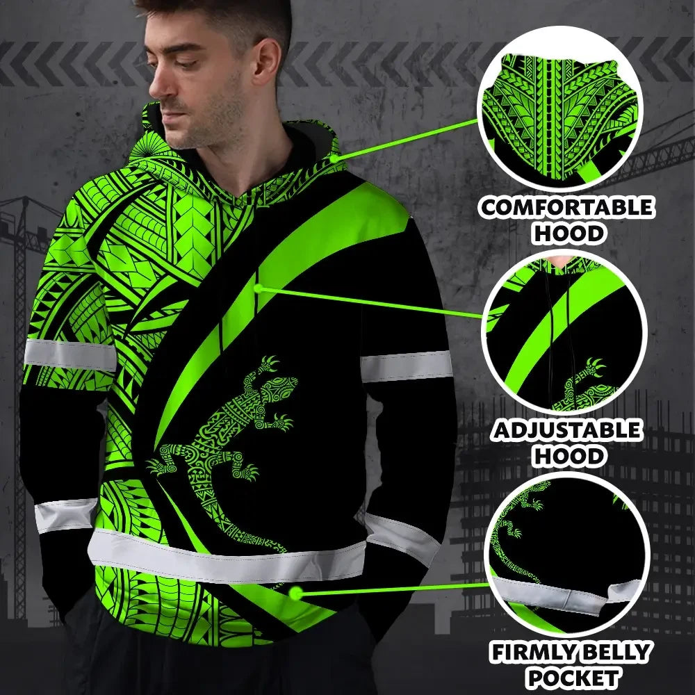 Hi Vis Hoodie Reflective Tapes Green Neon Hawaii Custom Name Safety Workwear For Workers, Truckers, Operators