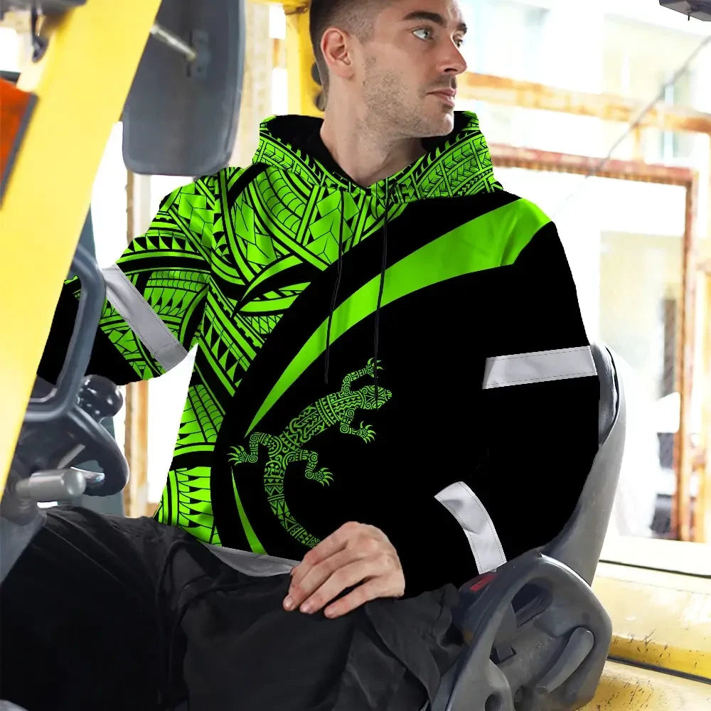 Hi Vis Hoodie Reflective Tapes Green Neon Hawaii Custom Name Safety Workwear For Workers, Truckers, Operators