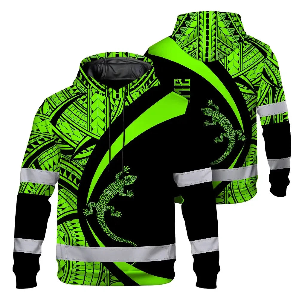 Hi Vis Hoodie Reflective Tapes Green Neon Hawaii Custom Name Safety Workwear For Workers, Truckers, Operators