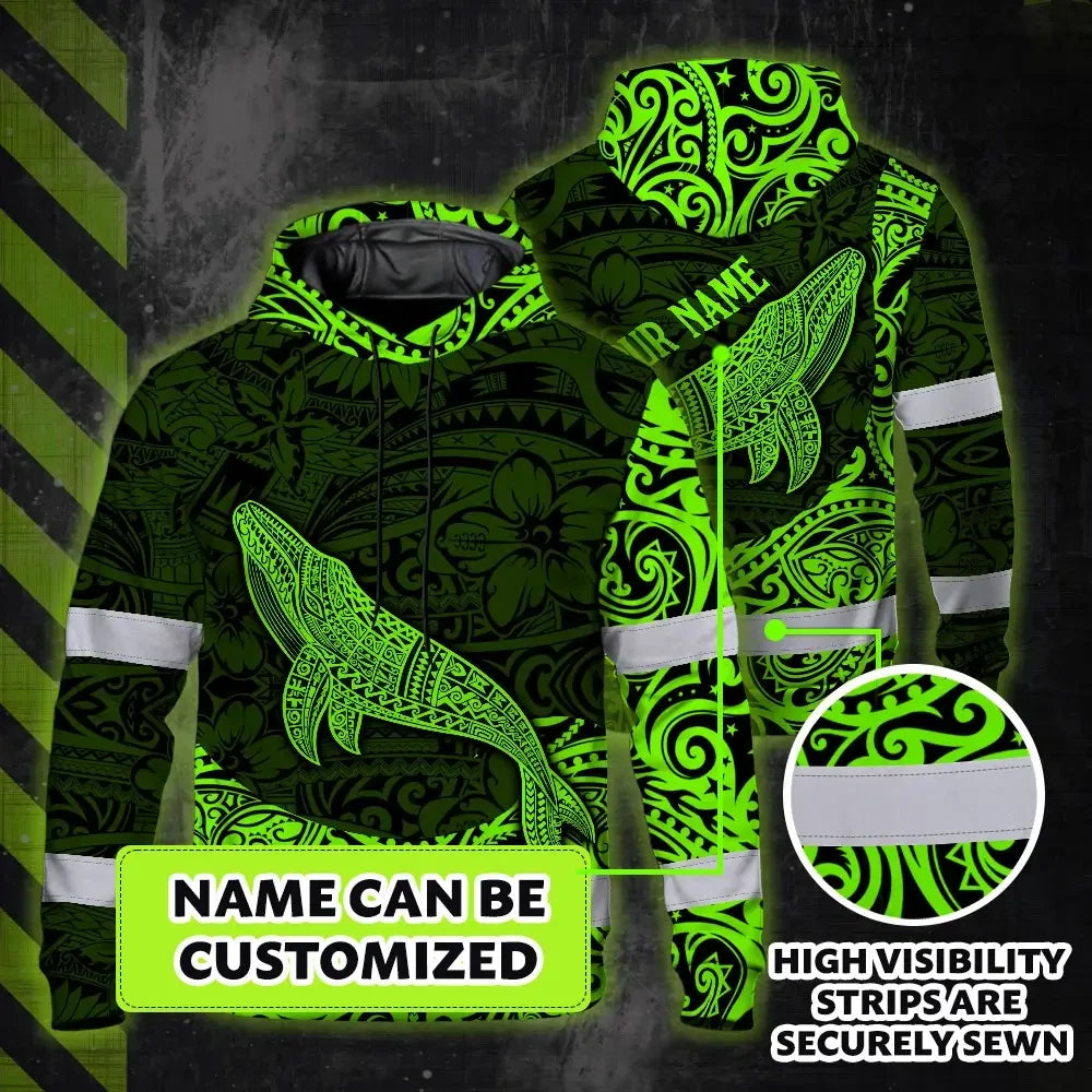 Hi Vis Hoodie Reflective Tapes Green Neon Hawaii Whale Custom Name Safety Workwear For Workers, Truckers, Operators