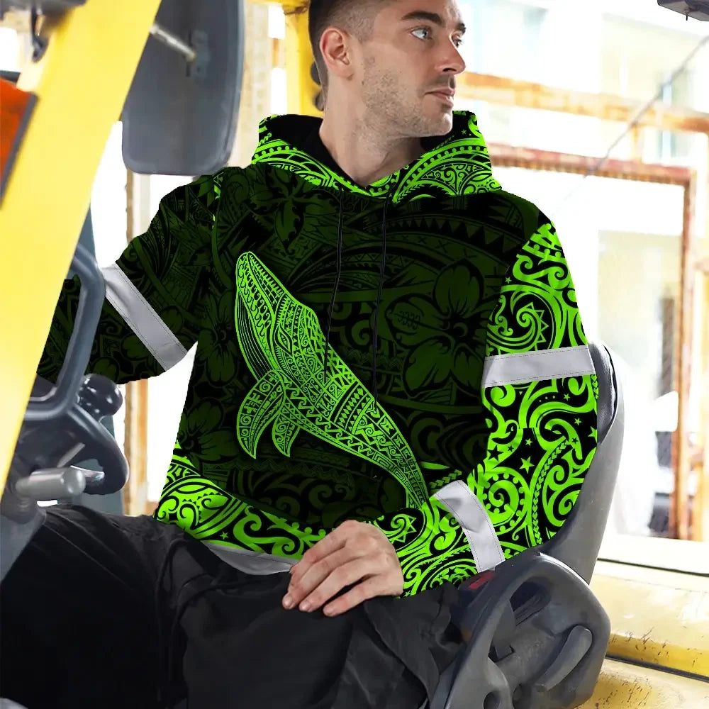 Hi Vis Hoodie Reflective Tapes Green Neon Hawaii Whale Custom Name Safety Workwear For Workers, Truckers, Operators