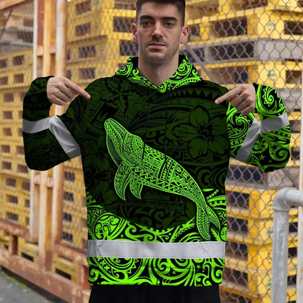 Hi Vis Hoodie Reflective Tapes Green Neon Hawaii Whale Custom Name Safety Workwear For Workers, Truckers, Operators